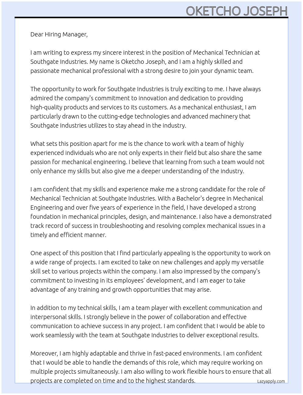 Mechanical Technician  At Southgate Industries  Cover Letter