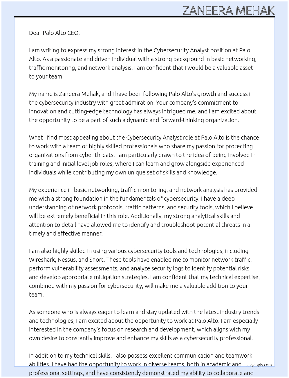 Cybersecuirty Analyst At Palo alto Cover Letter