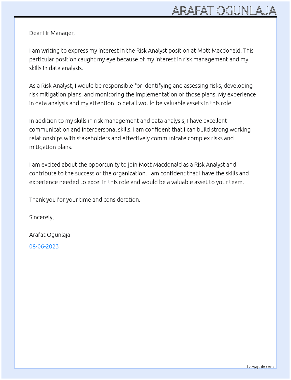 Risk Analyst At Mott Macdonald Cover Letter