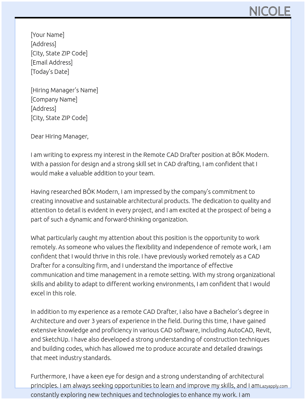 Remote CAD Drafter At BŌK Modern Cover Letter