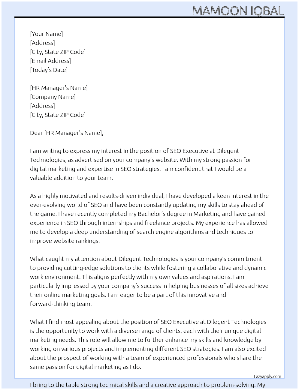 Seo exective At Dilegent Technologies Cover Letter