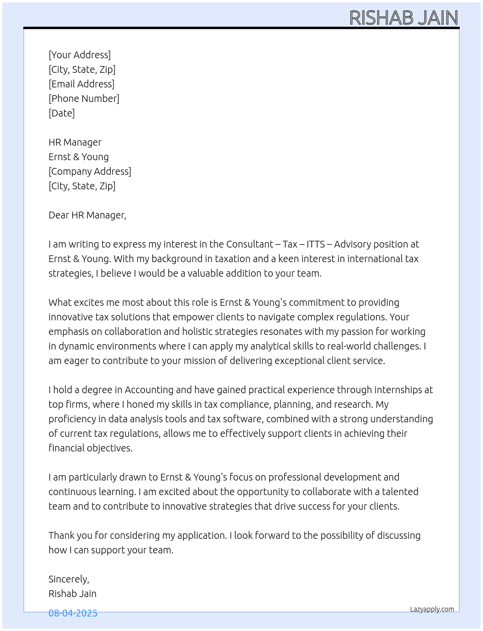 Consultant – Tax – ITTS – Advisory At Ernst & Young  Cover Letter