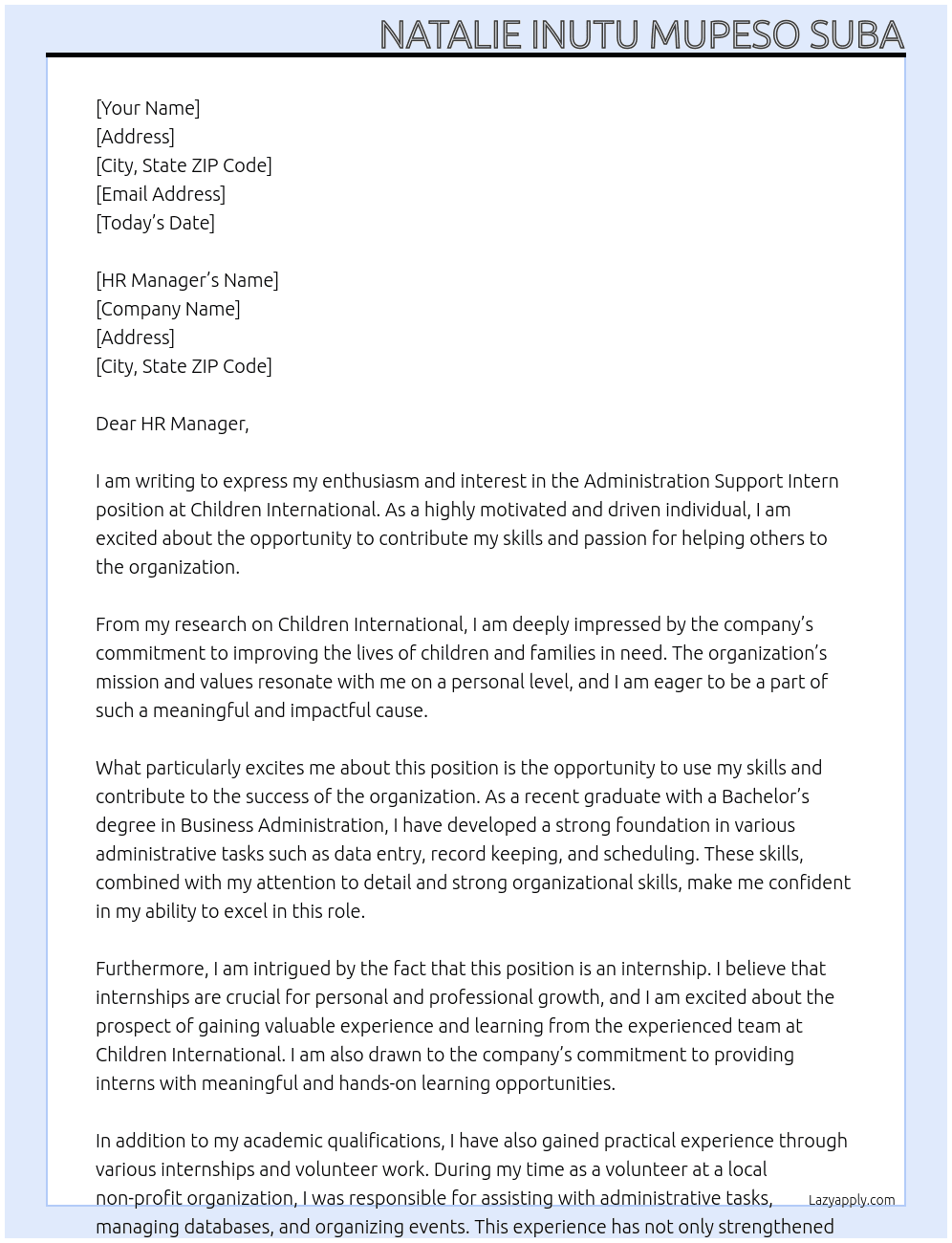 Administration Support Intern At Children International  Cover Letter