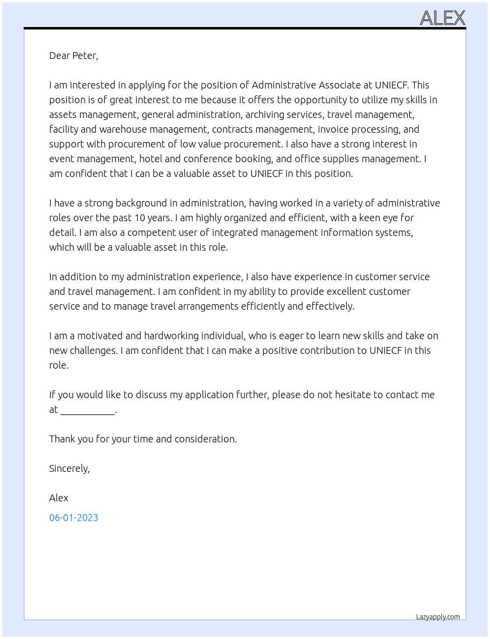 Administrative Associate At UNIECF Cover Letter