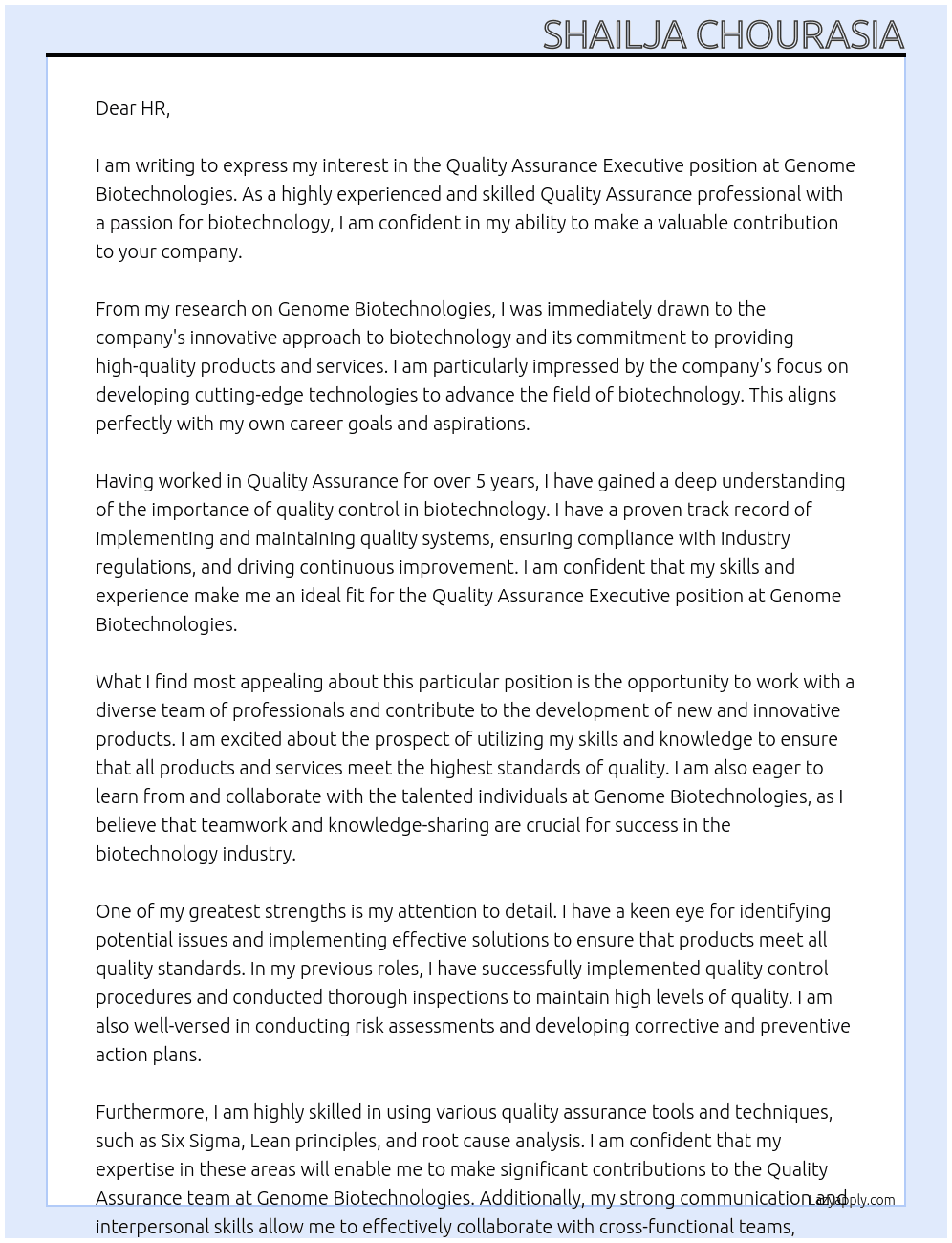 Quality Assurance Executive At Genome Biotechnologies Cover Letter