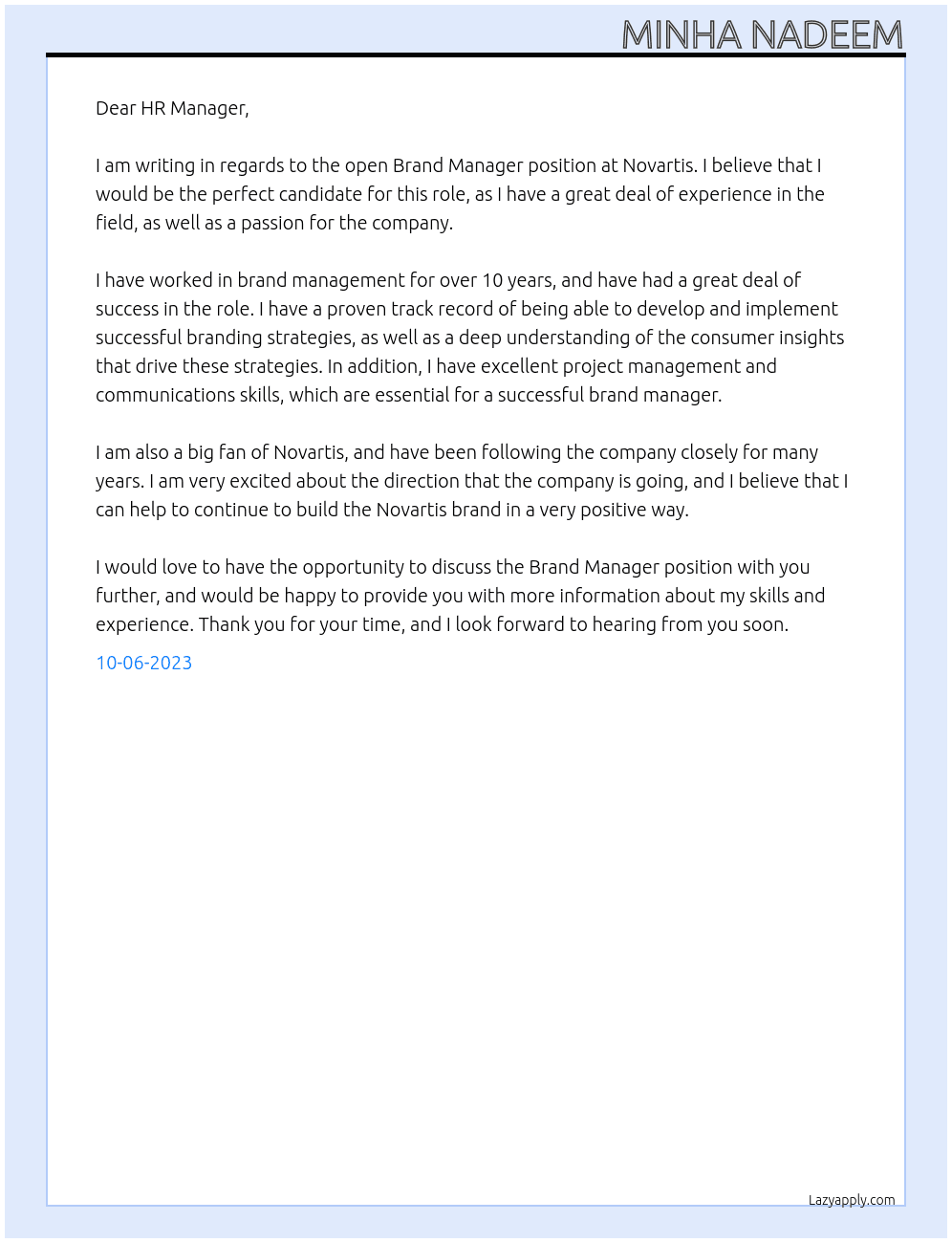 Brand Manager At Novartis Cover Letter