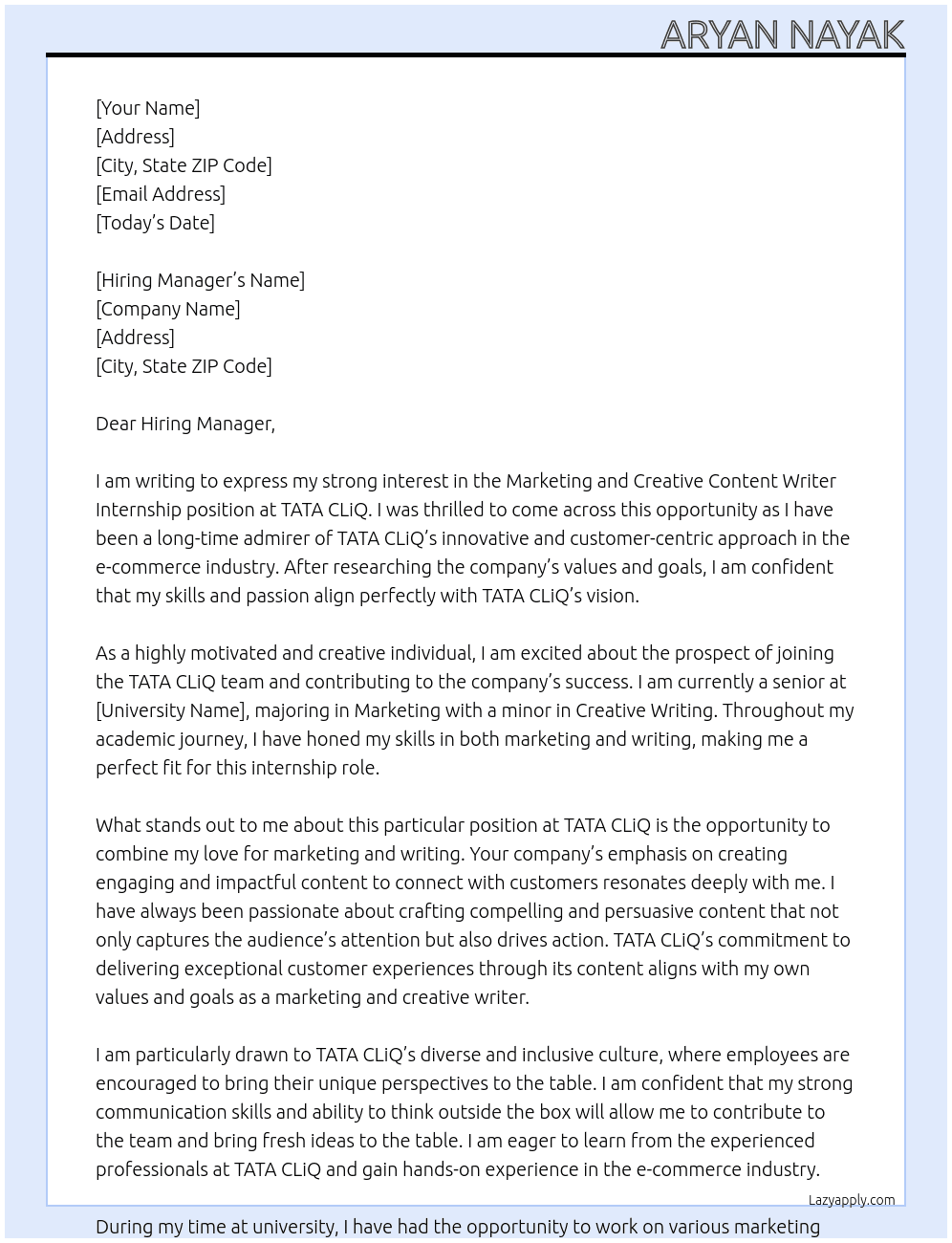 Marketing and creative content writer internship  At TATA CLiQ Cover Letter