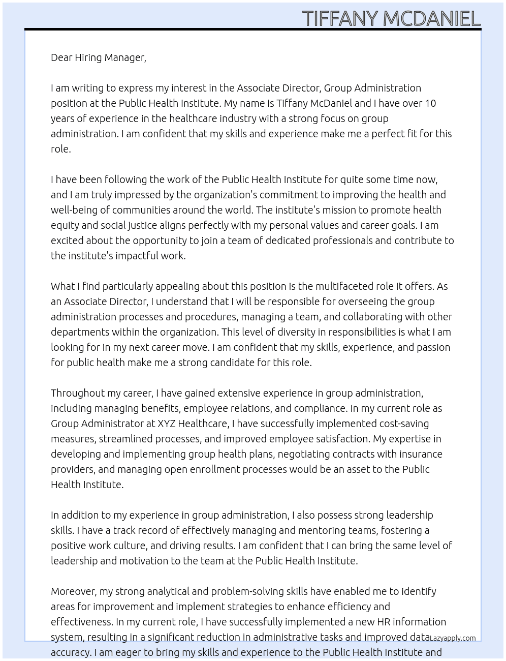 Associate Director, Group Administration At Public Health Institute Cover Letter
