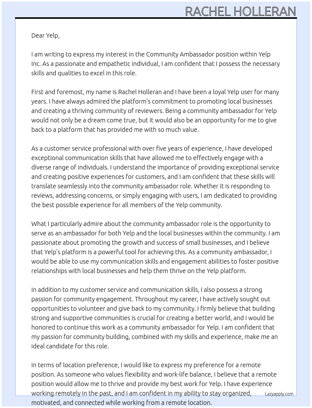 Community Ambassador At  Yelp Inc. Cover Letter