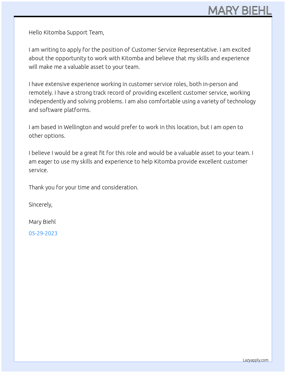 Customer Service Representative At Kitomba Cover Letter