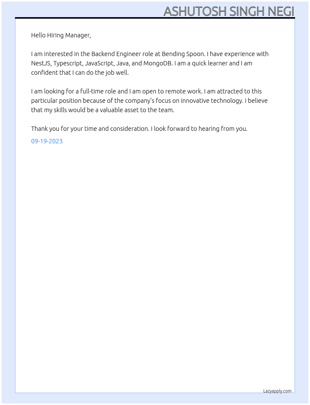 Backend Engineer At Bending Spoon Cover Letter