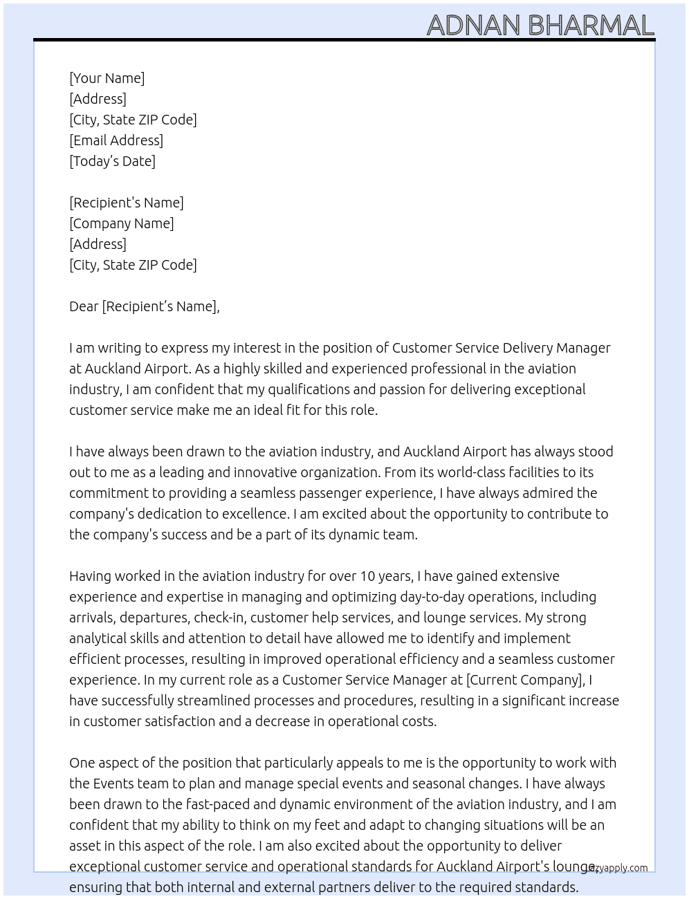 customer service delivery manager At Auckland Airport Cover Letter