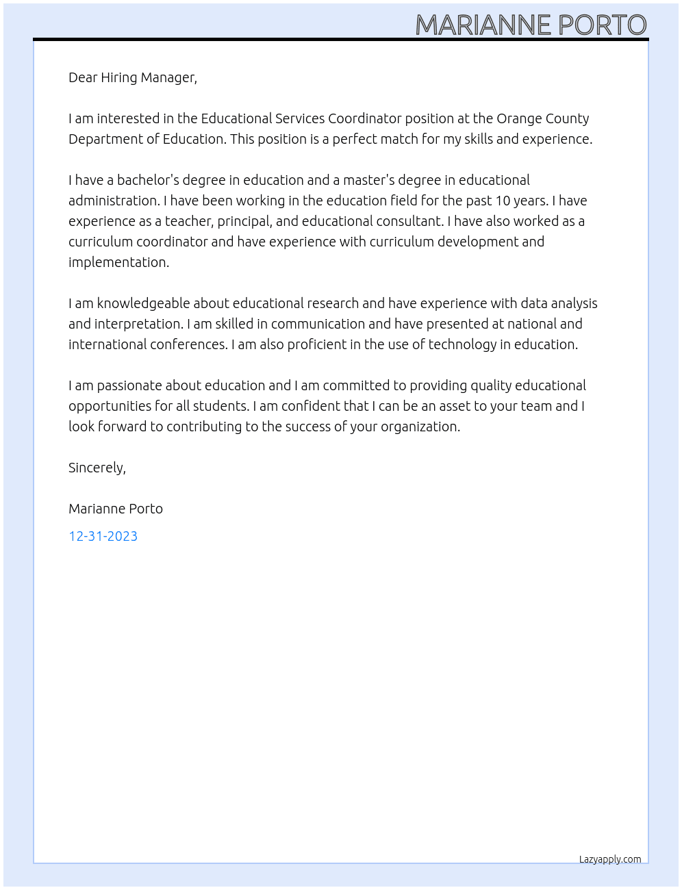 Educational Services Coordinator At Orange County Department of Education Cover Letter