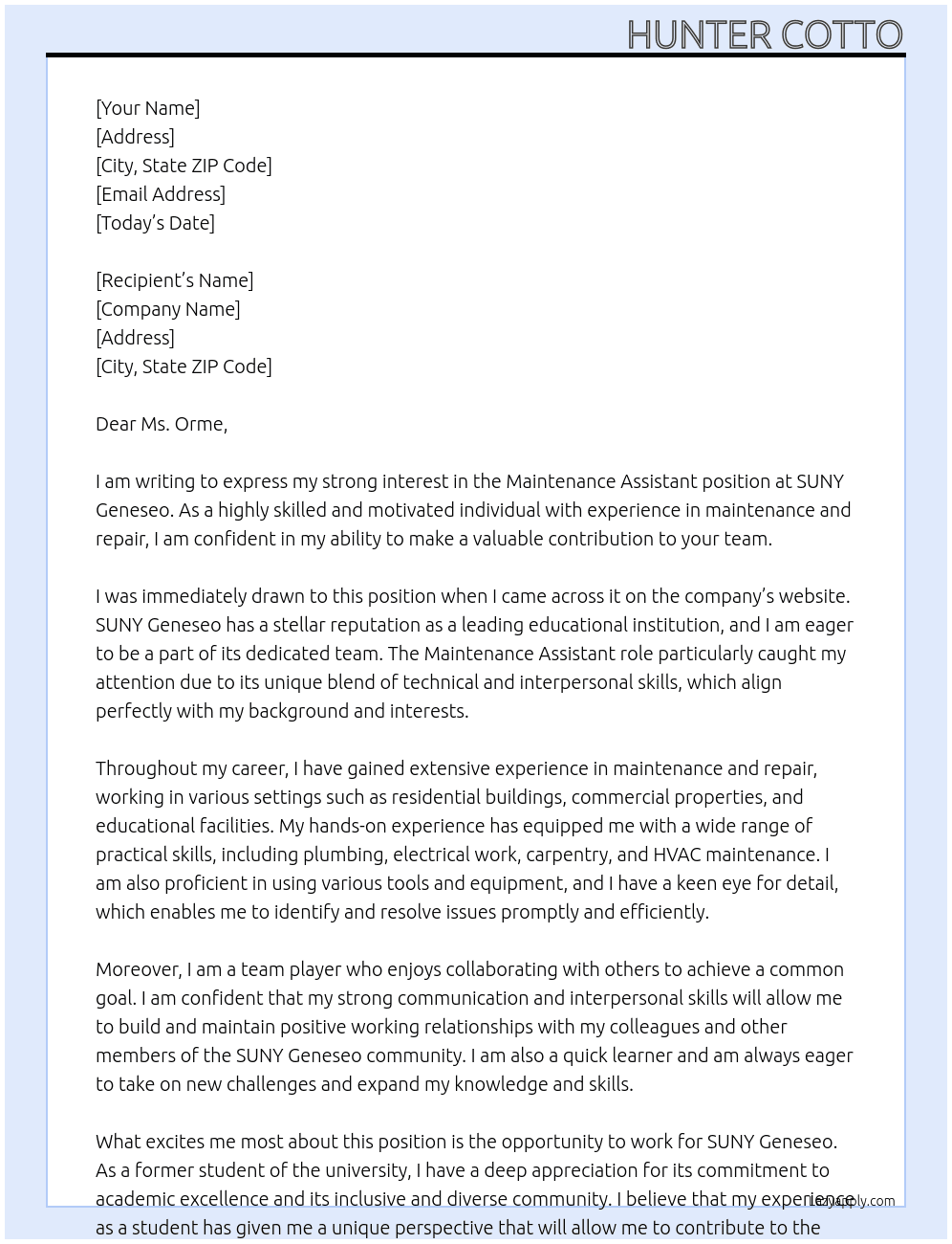 Maintenance assistant  At SUNY Geneseo Cover Letter