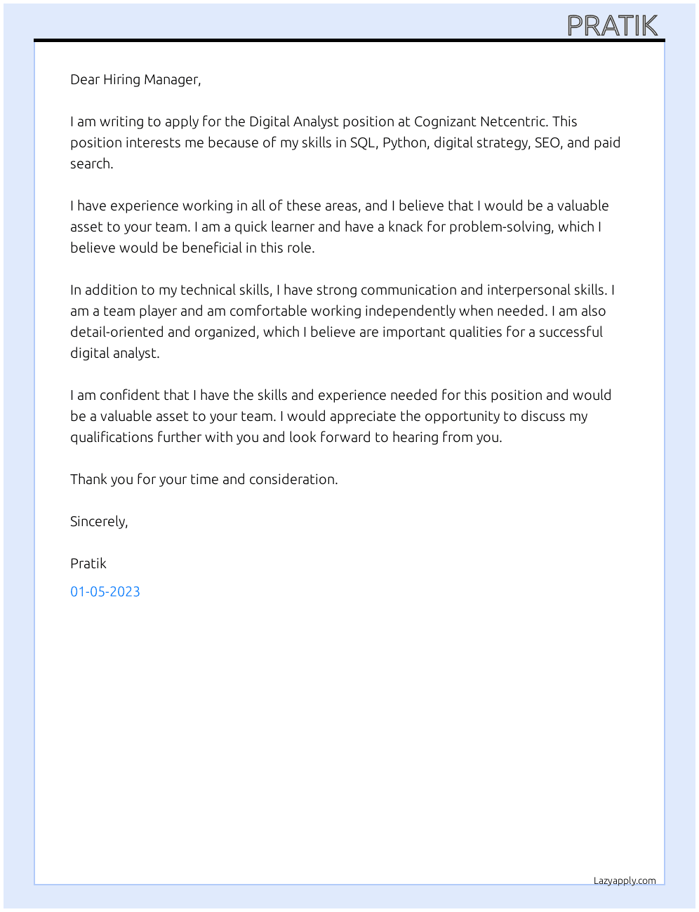Digital Analyst At Cognizant Netcentric Cover Letter