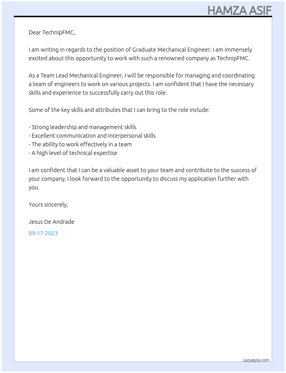 Graduate Mechanical Engineer At TechnipFMC Cover Letter