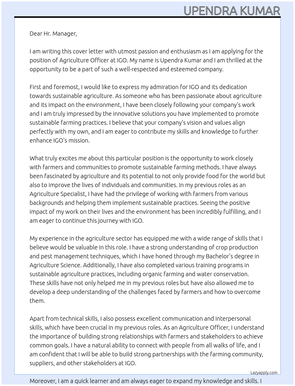 Agriculture officer At IGO Cover Letter