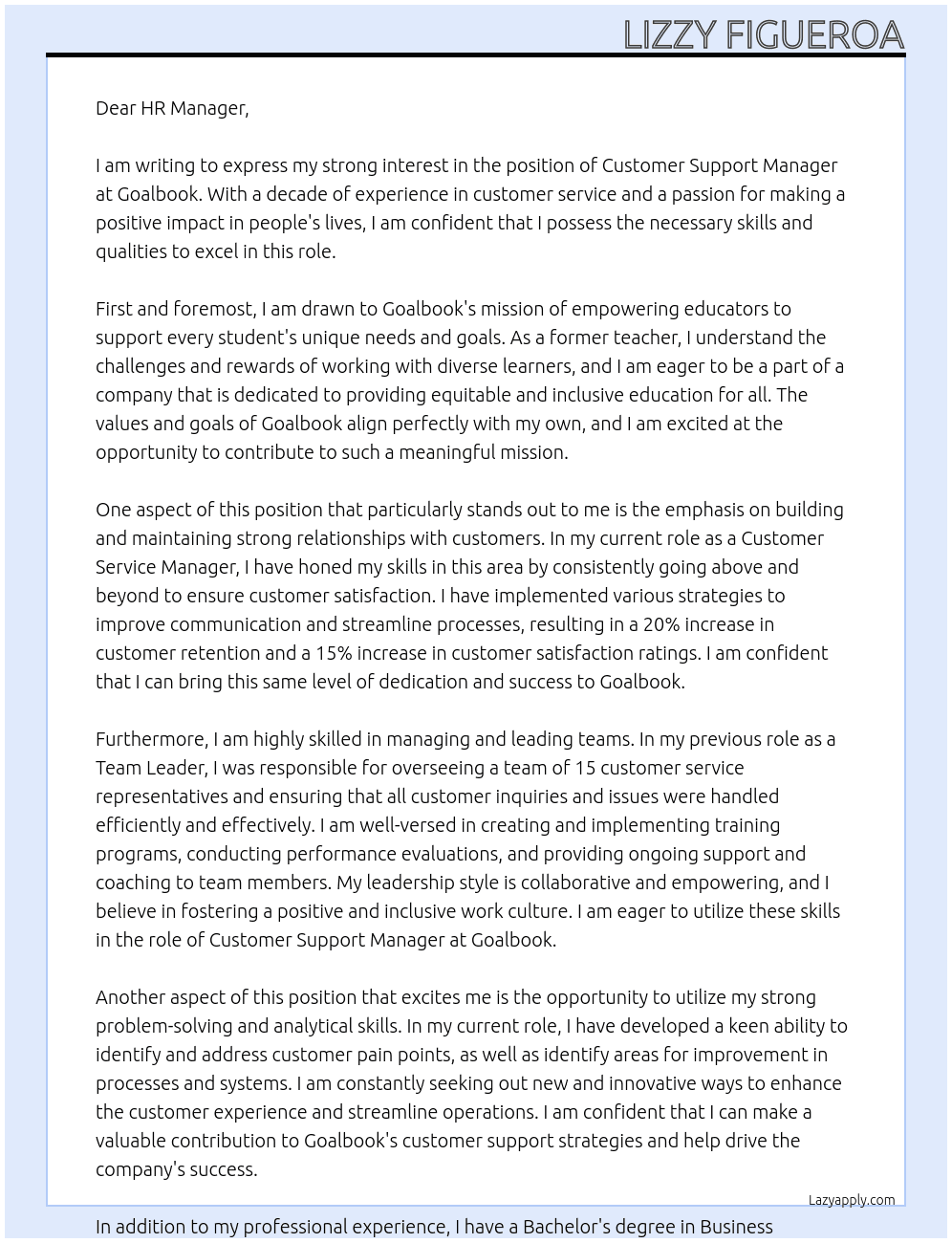 customer support manager At goalbook Cover Letter