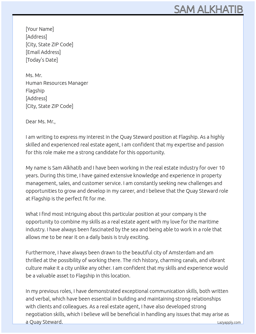 Quay Steward At Flagship  Cover Letter