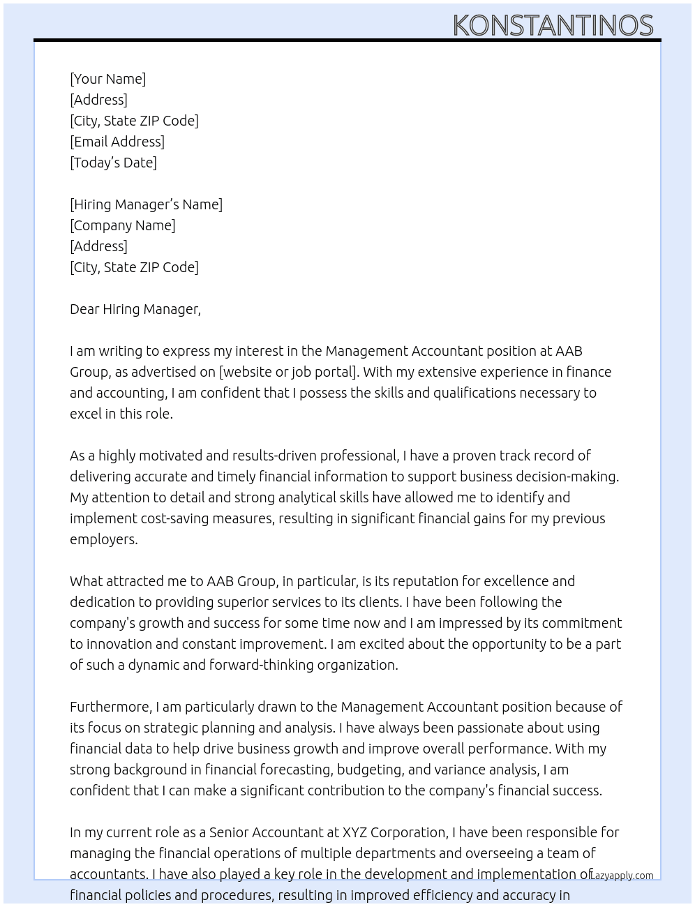 Management Accountant At AAB Group Cover Letter