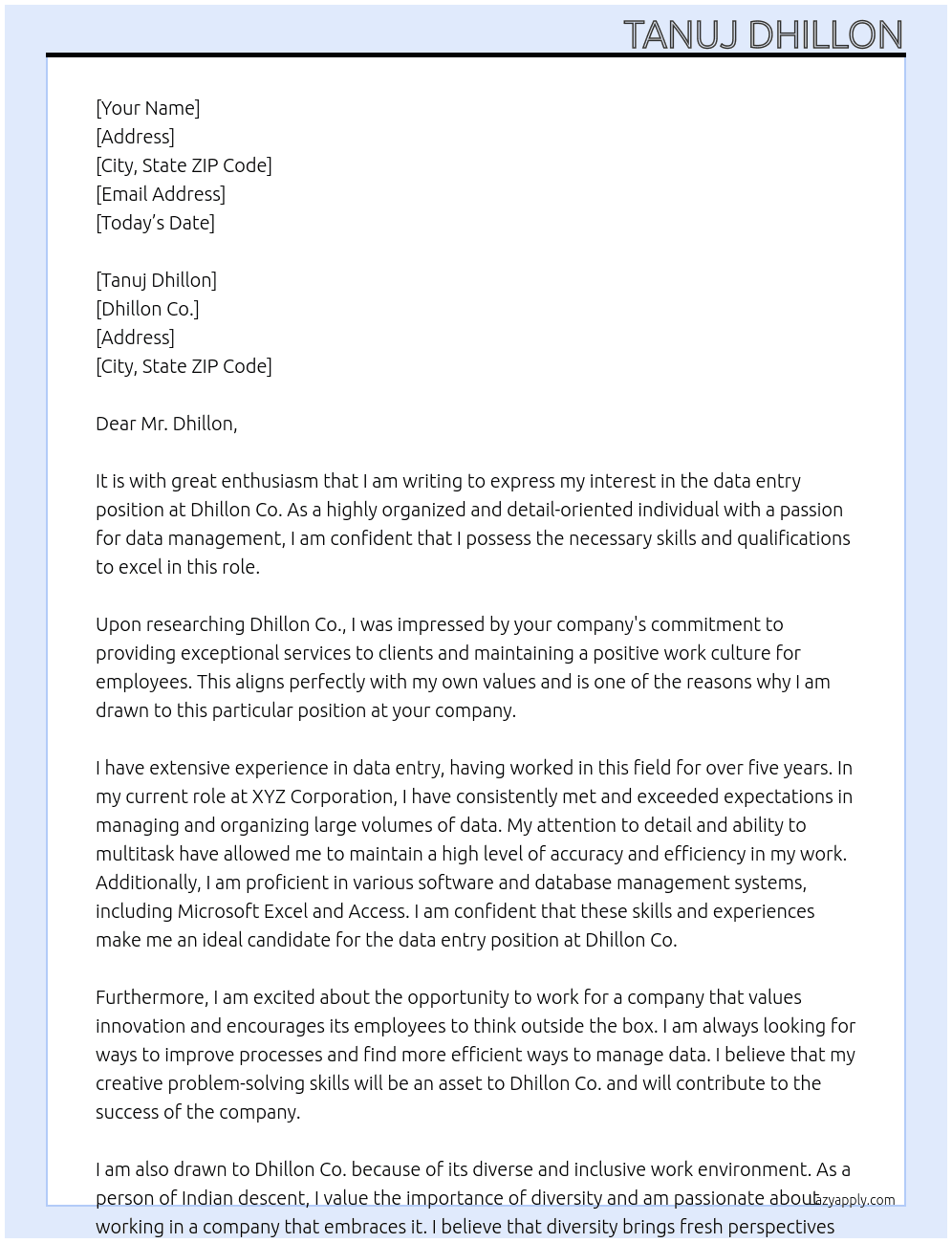 data entry At Dhillon co. Cover Letter