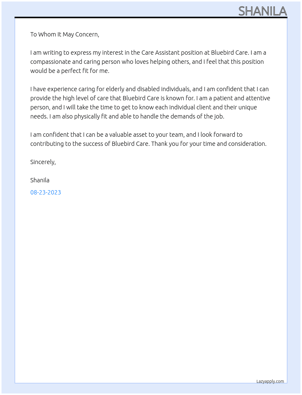 Care Assistant At Bluebird Care Cover Letter