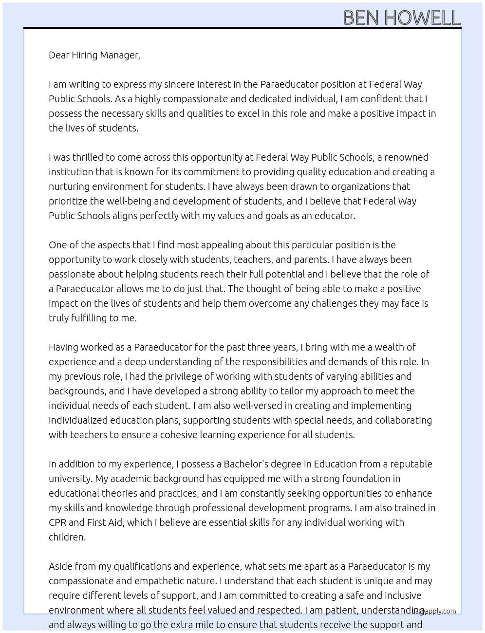 Paraeducator At Federal Way Public Schools Cover Letter