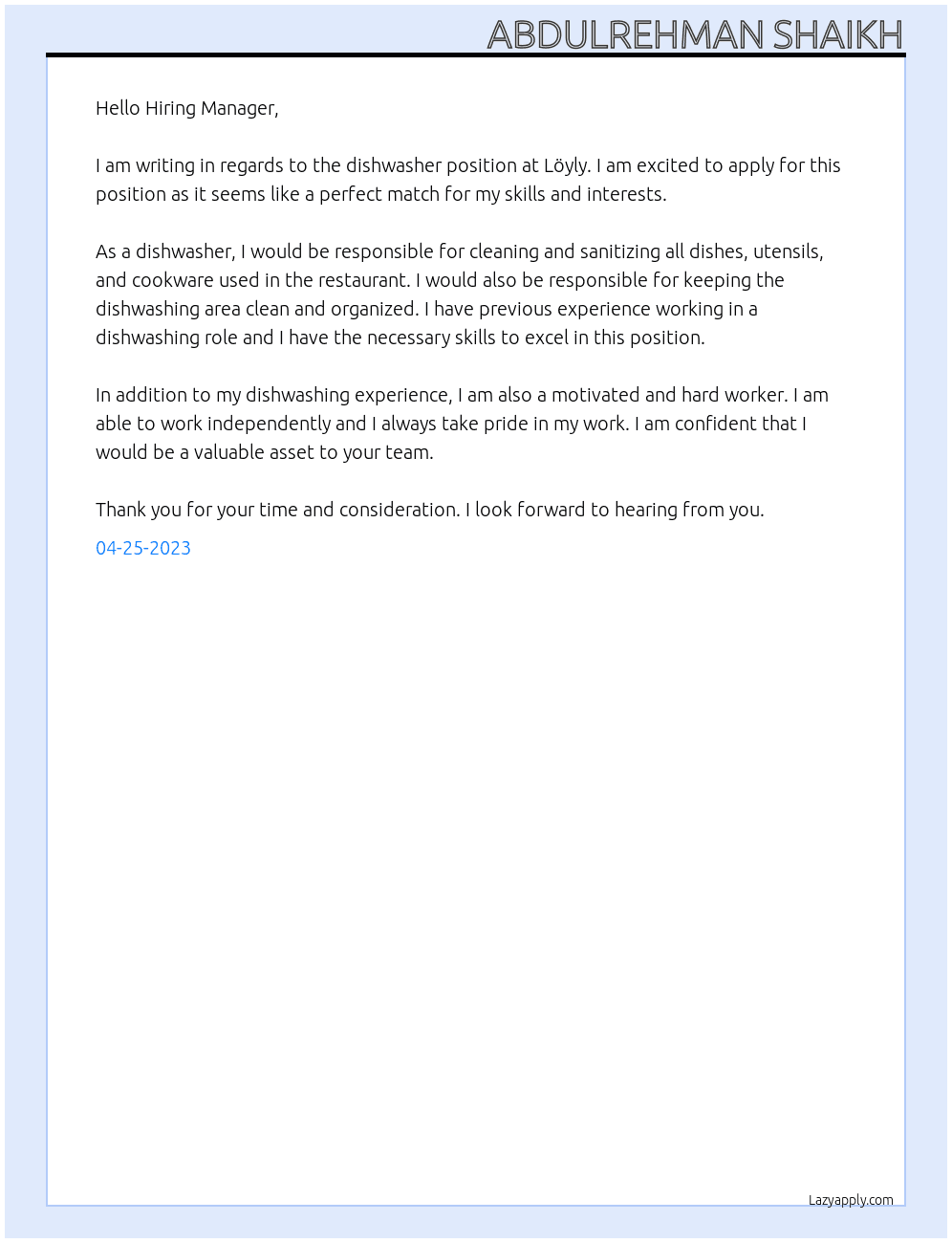 Dishwasher At Löyly Cover Letter