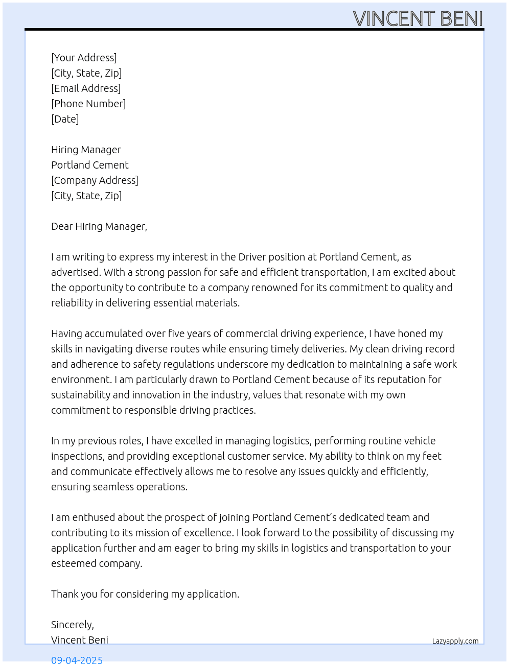 Driver At Portland Cement  Cover Letter