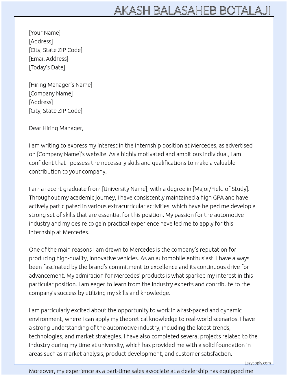 Internship  At Mercedes  Cover Letter