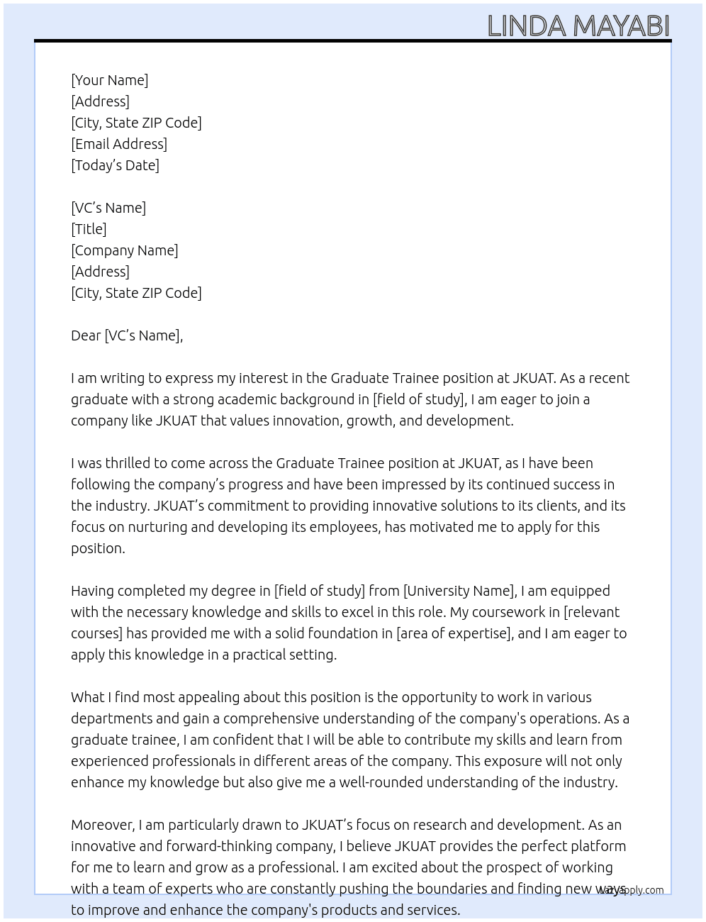 graduate trainee At JKUAT Cover Letter