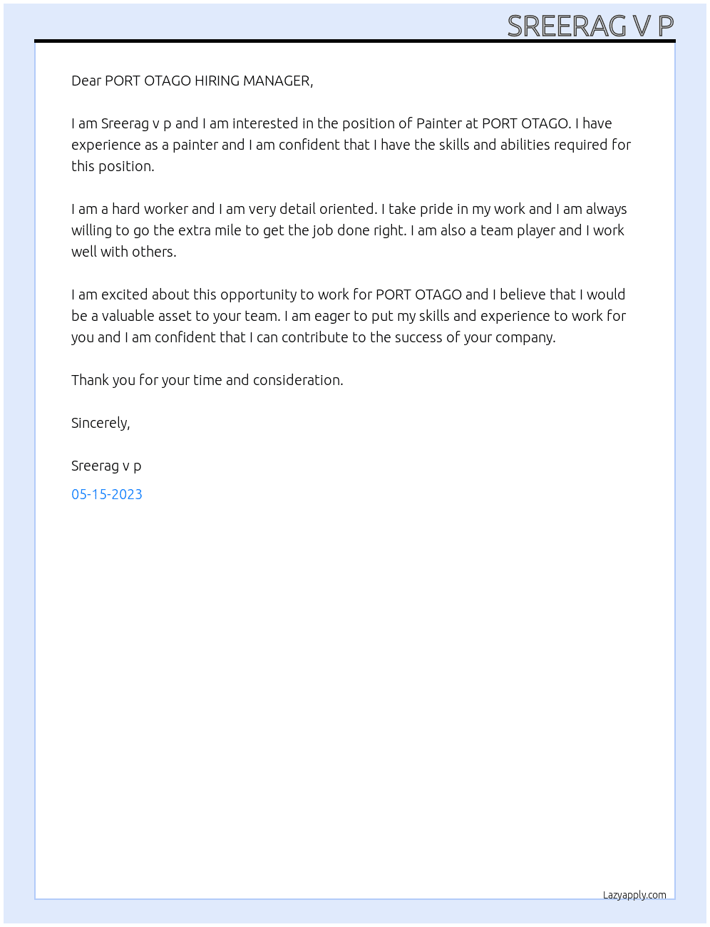 Painter  At PORT OTAGO  Cover Letter