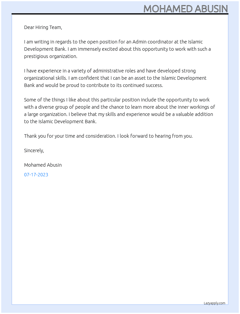 Admin coordinator At Islamic Development Bank Cover Letter
