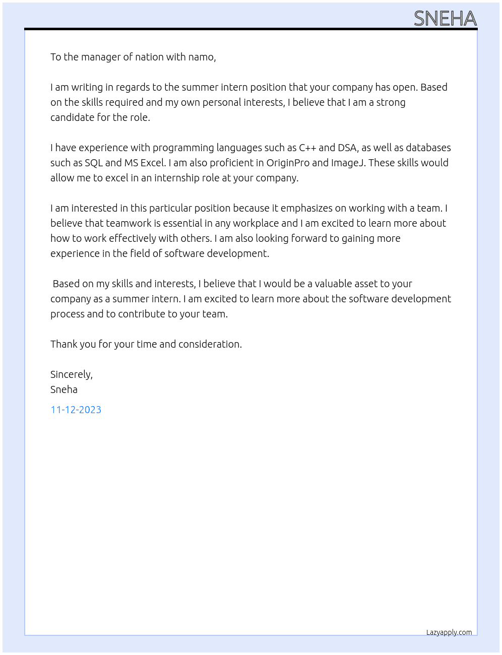 summer intern At nation with namo Cover Letter
