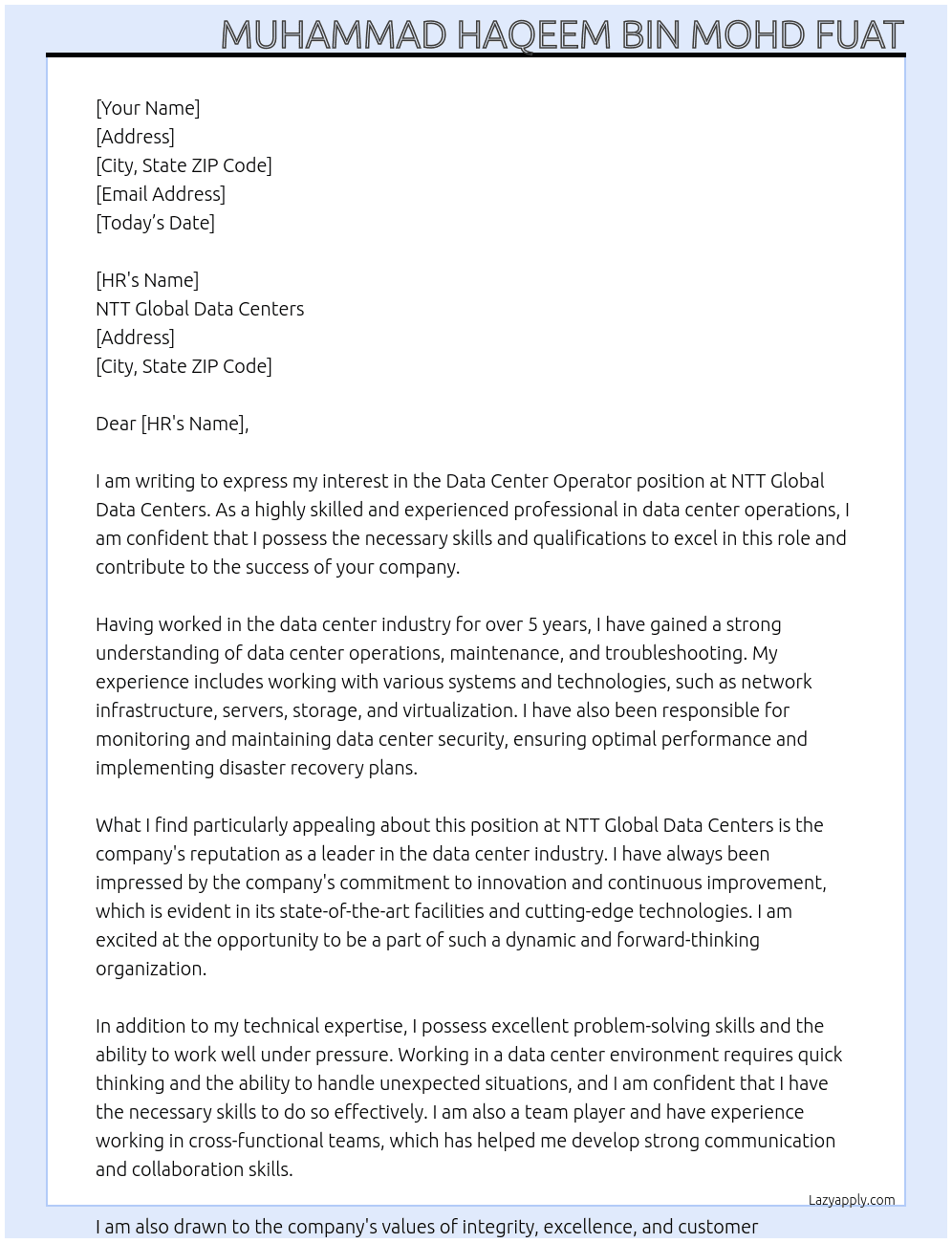 Data Center Operator At NTT Global Data Centers Cover Letter