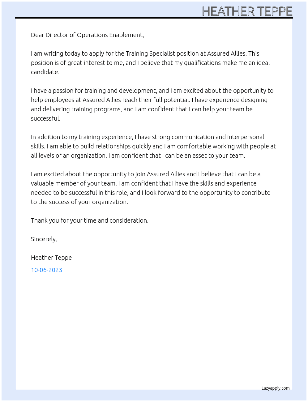 Training Specialist At Assured Allies Cover Letter