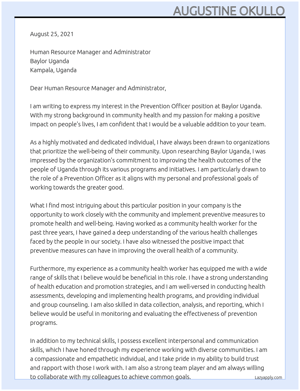 Prevention Officer At Baylor Uganda Cover Letter