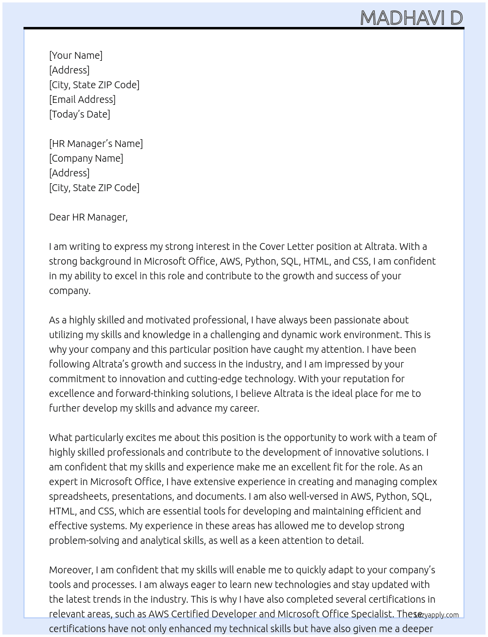 Cover Letter  At Altrata  Cover Letter