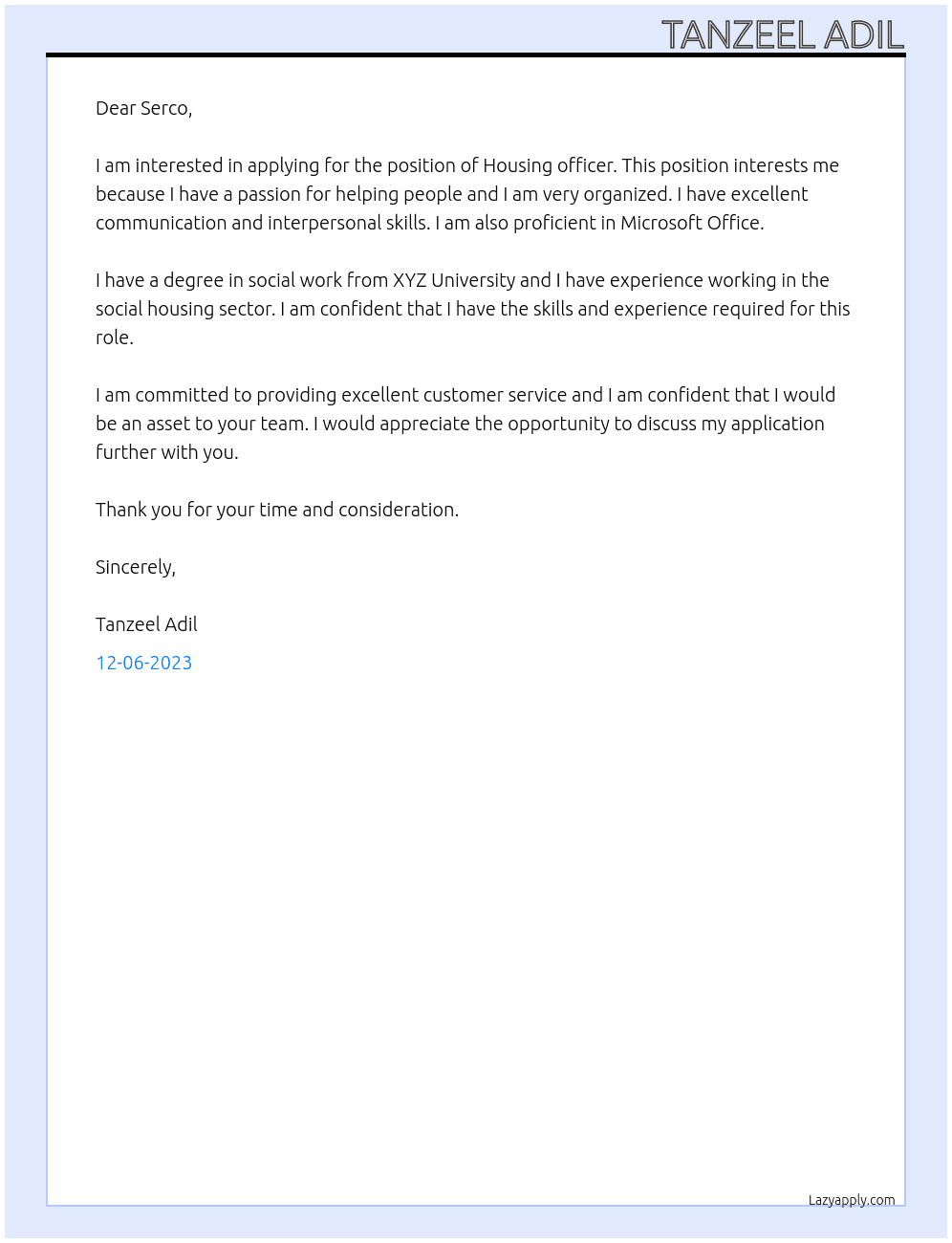 Housing officer At Serco Cover Letter
