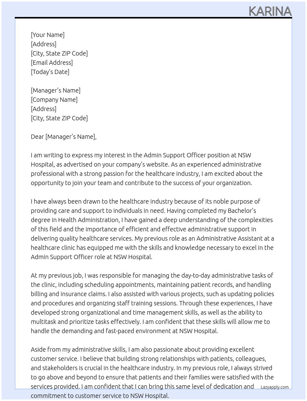 admin support officer At nsw hospital Cover Letter