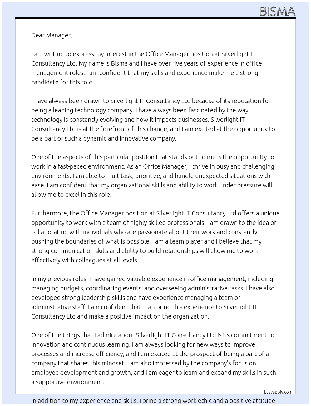 Office Manager At Silverlight IT Consultancy Ltd Cover Letter