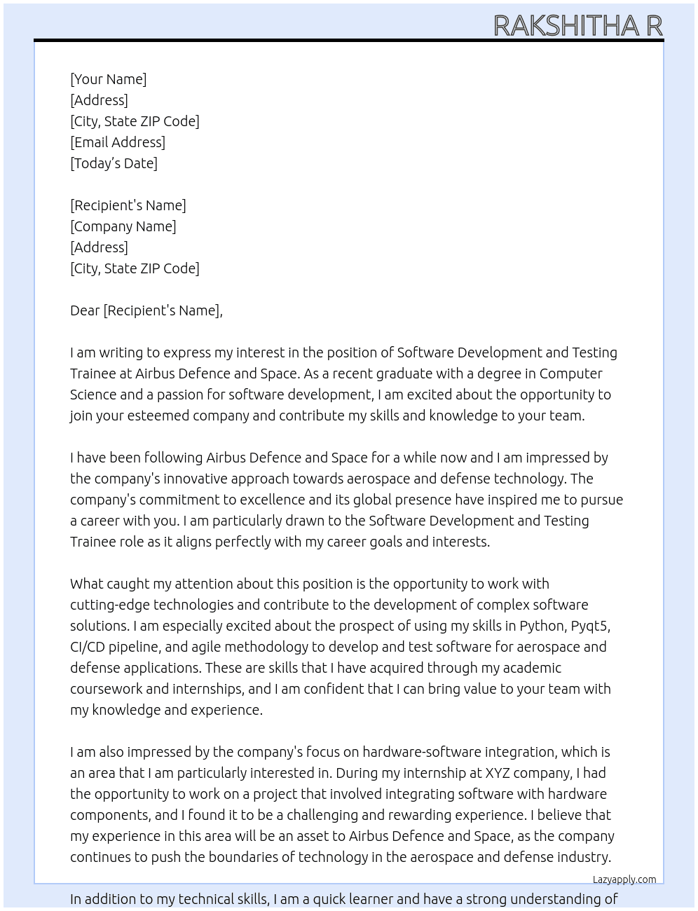 Software Development and Testing Trainee At Airbus Defence and Space Cover Letter