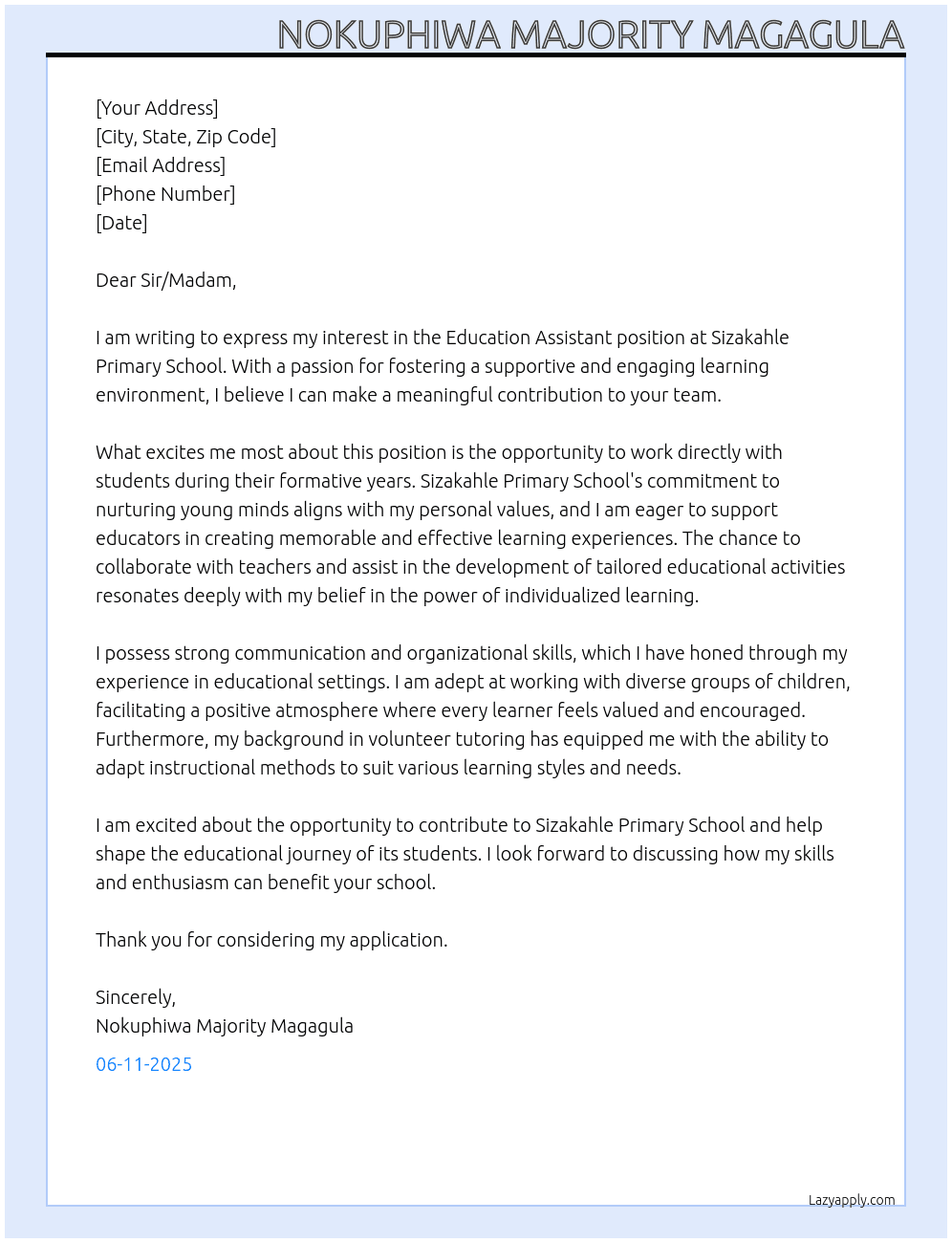 Education Assistant  At Sizakahle Primary School  Cover Letter