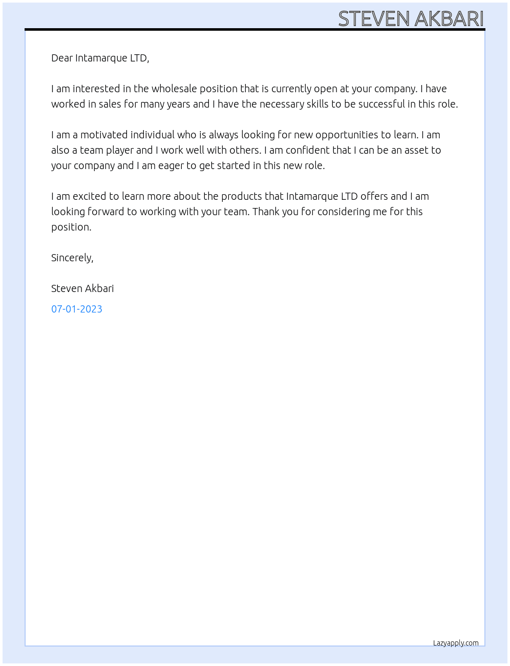 Wholesale At Intamarque LTD Cover Letter