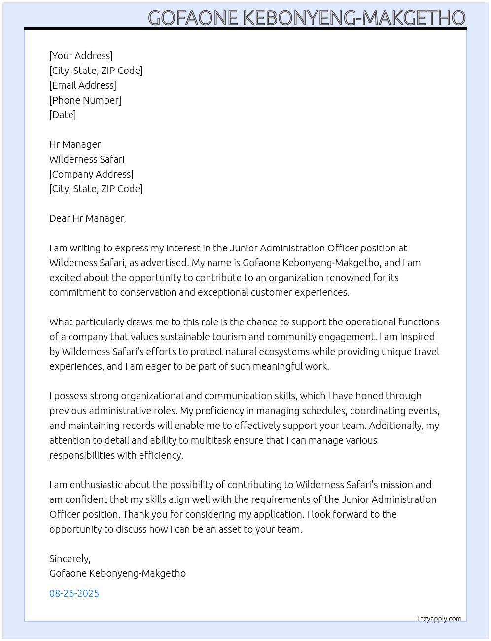 Cover letter for junior adminstration officer - LazyApply
