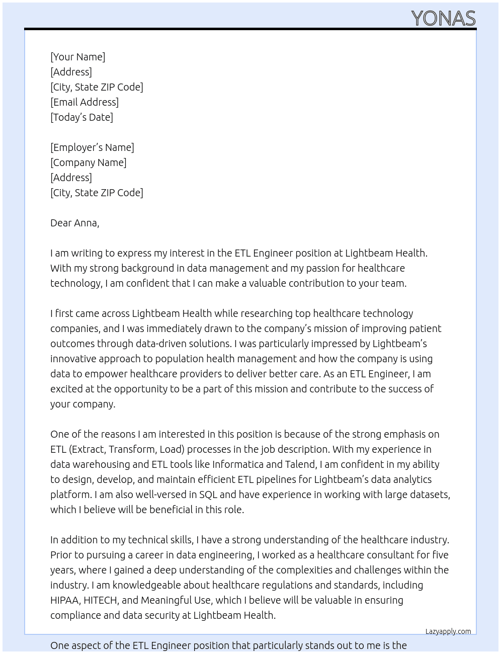 ETL Engineer At https://lightbeamhealth.com/ Cover Letter