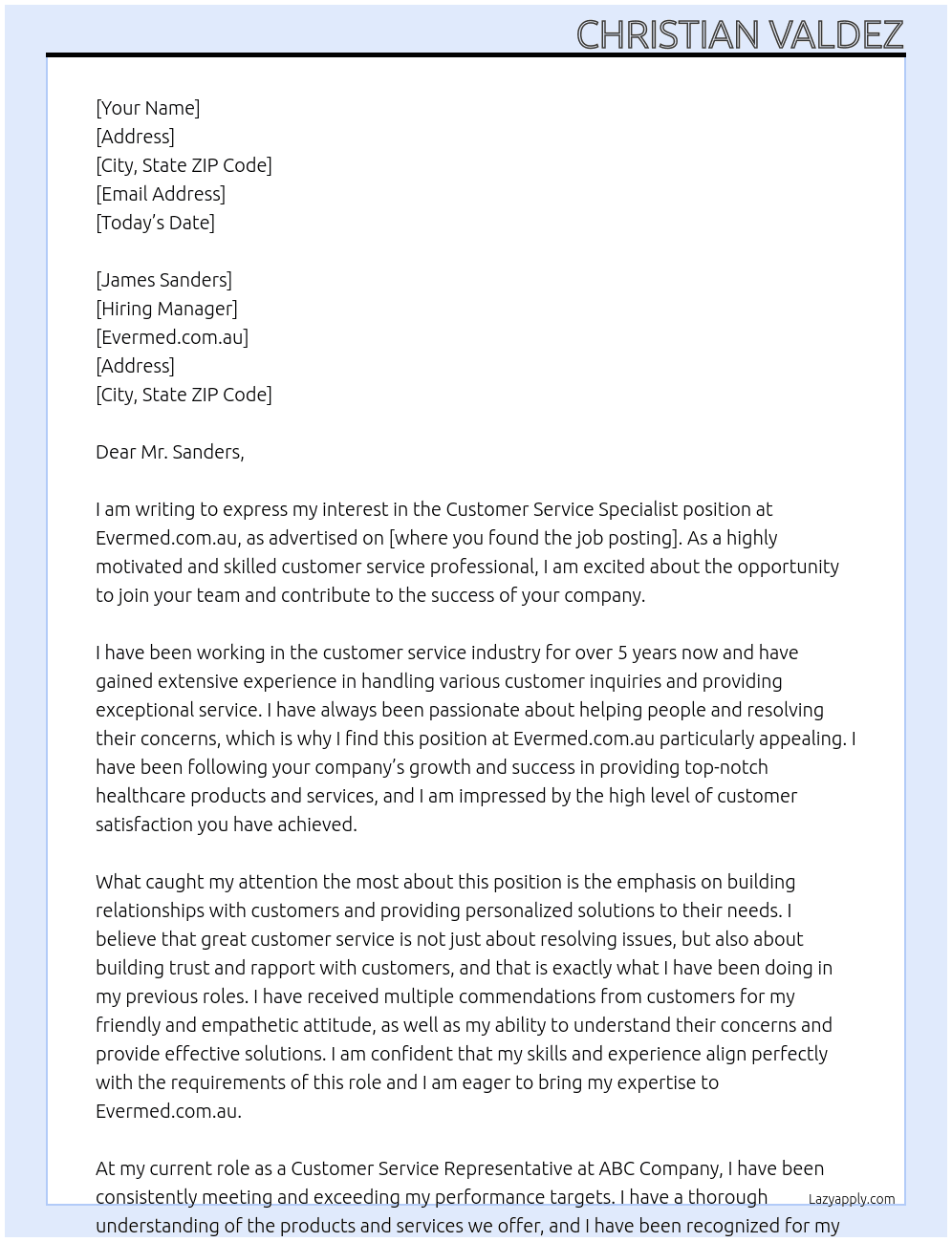 Customer Service Specialist At Evermed.com.au Cover Letter
