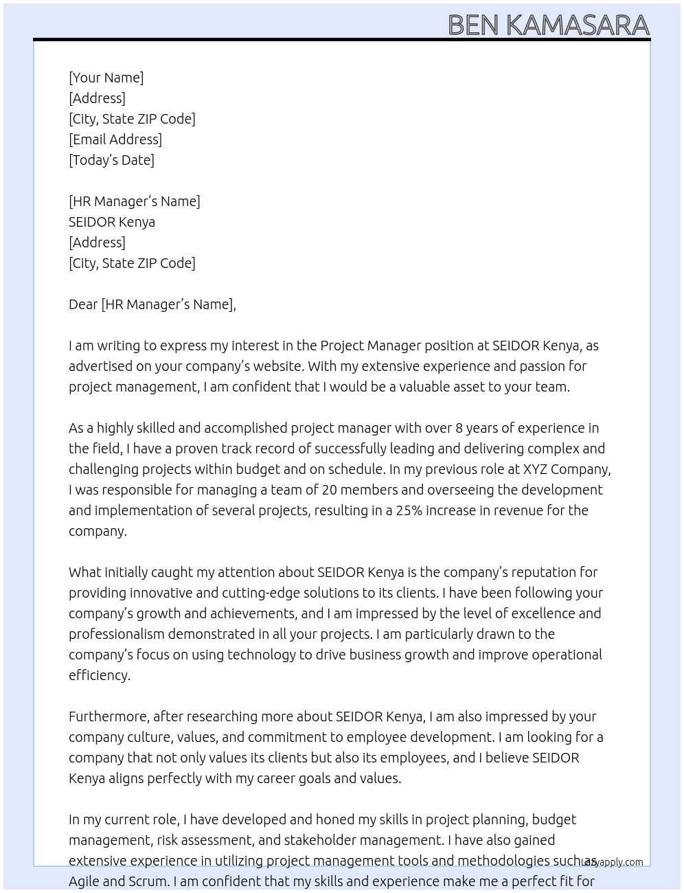 Project Manager At SEIDOR Kenya Cover Letter
