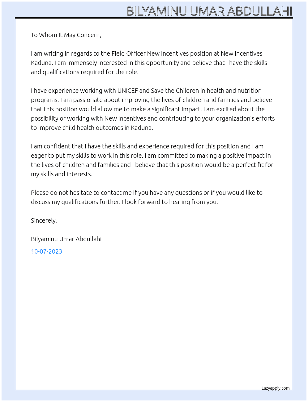 Field Officer New Incentives  At New Incentives Kaduna  Cover Letter