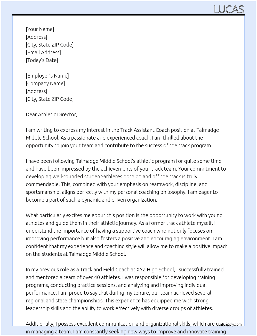 Track Assistant Coach  At Talmadge Middle School  Cover Letter